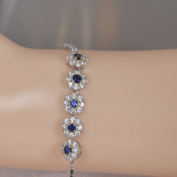 Halo Round Cut Natural Blue Sapphire 925 Sterling Silver Tennis Bracelet, 7" #3 - Picture 1 of 4